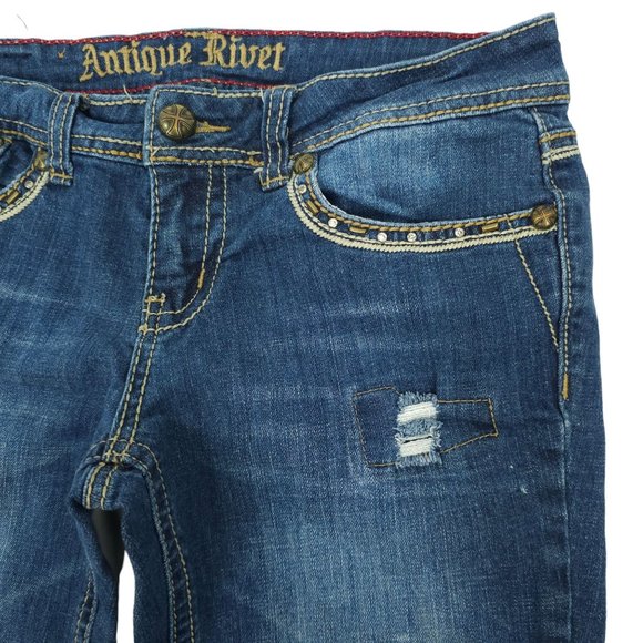Antique Rivet Jeans BootCut Western Low Rise Sz 29 Rhinestone Stretch Distressed - Picture 14 of 14